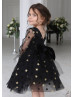 Long Sleeves Black Gold Star Tulle V Back Wedding Flower Girl Dress
